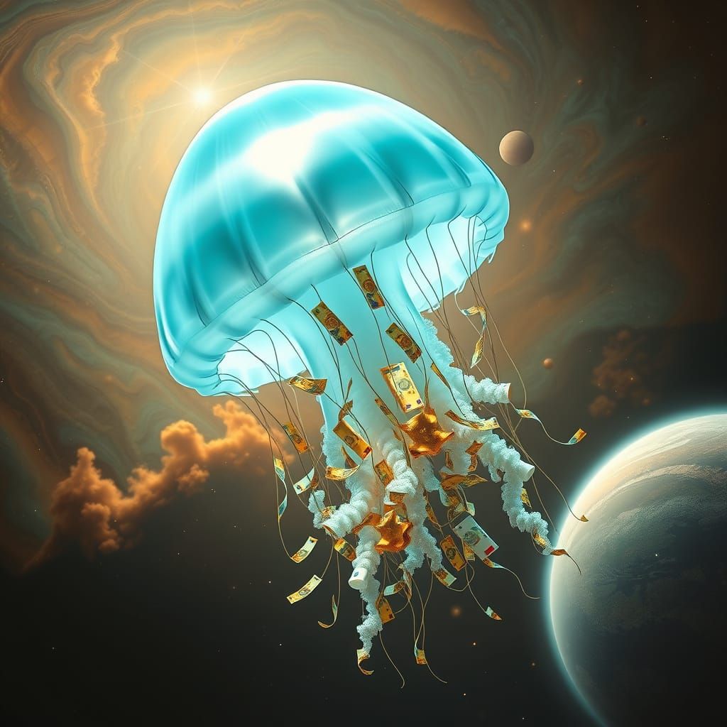 Ethereal Bioluminescent Jellyfish in Iridescent Nebula