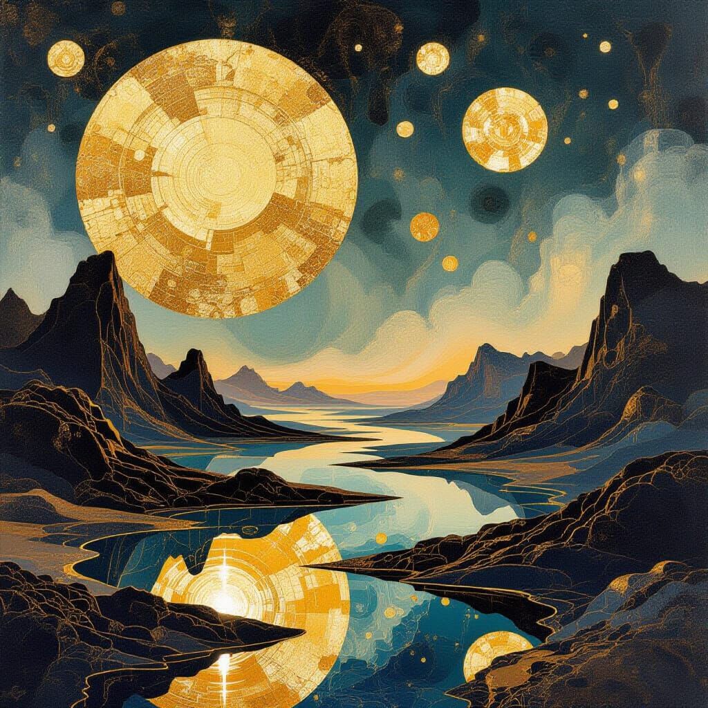 Surreal Alien Landscape with Gold Leaf and Luminism