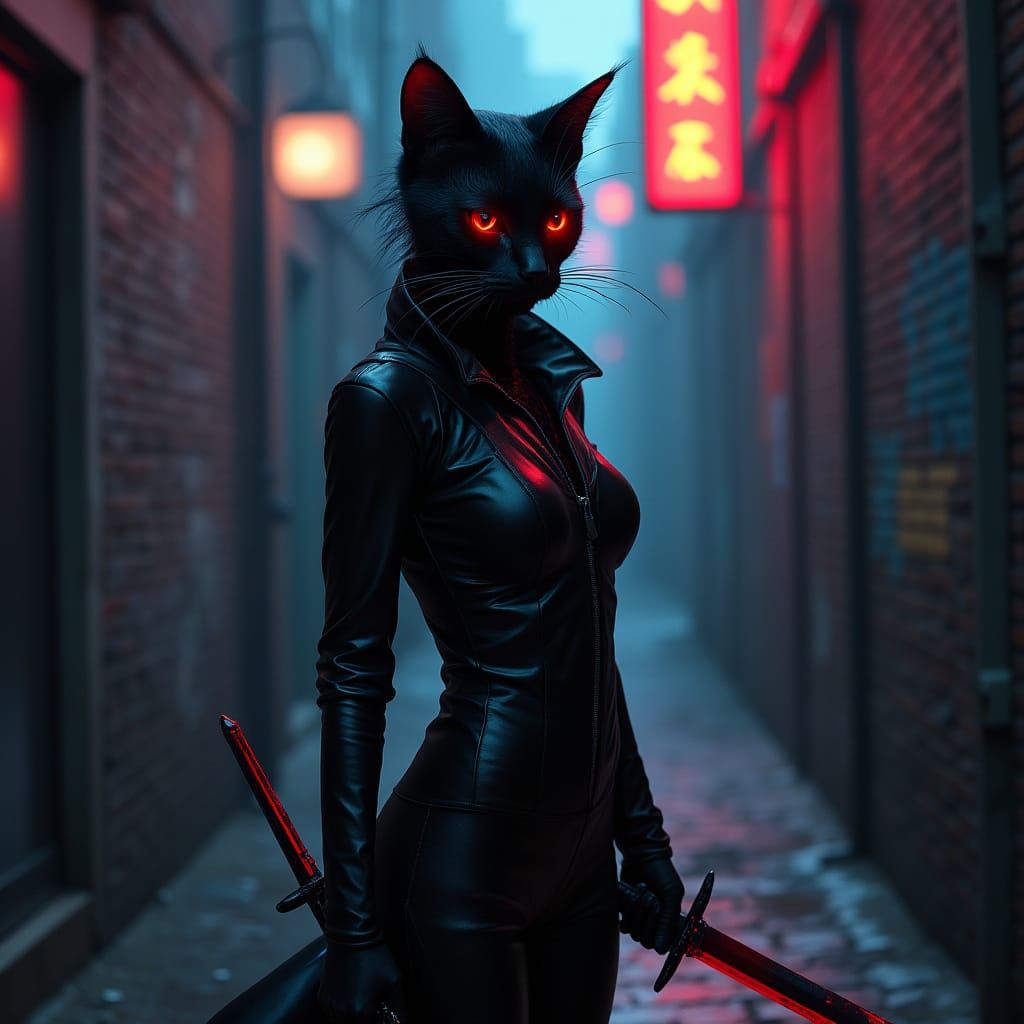 Black Cat Assassin with Daggers in Dark Alley
