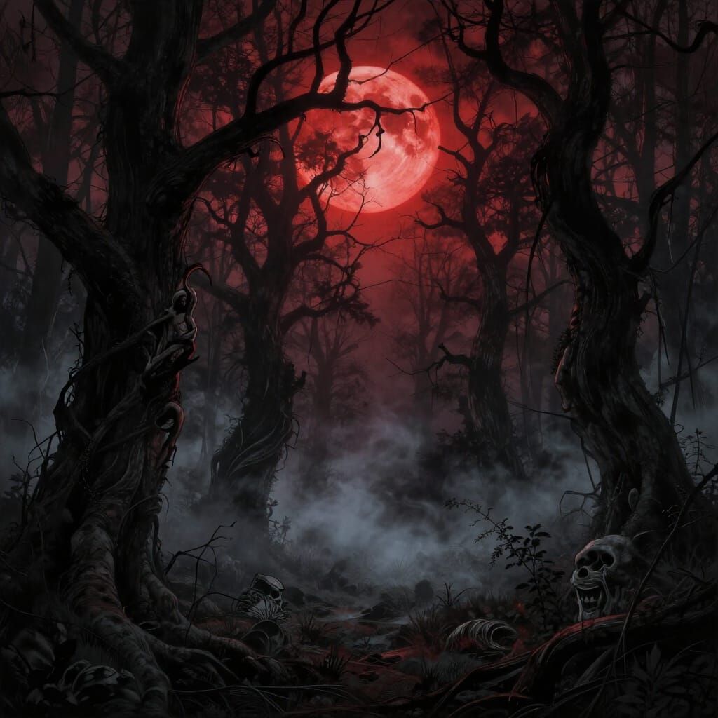 Creepy Forest Under Blood Moon, Detailed Chiaroscuro Style