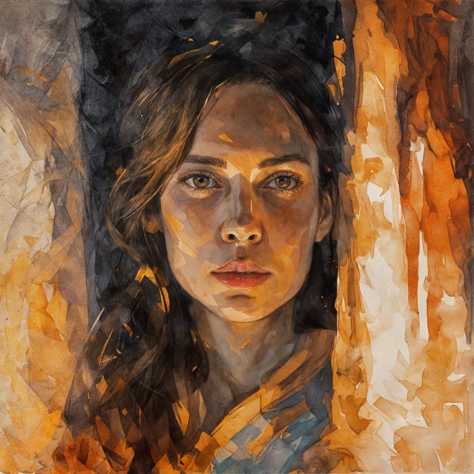 Poetic Double Exposure Portrait of a Woman with Fiery Eyes