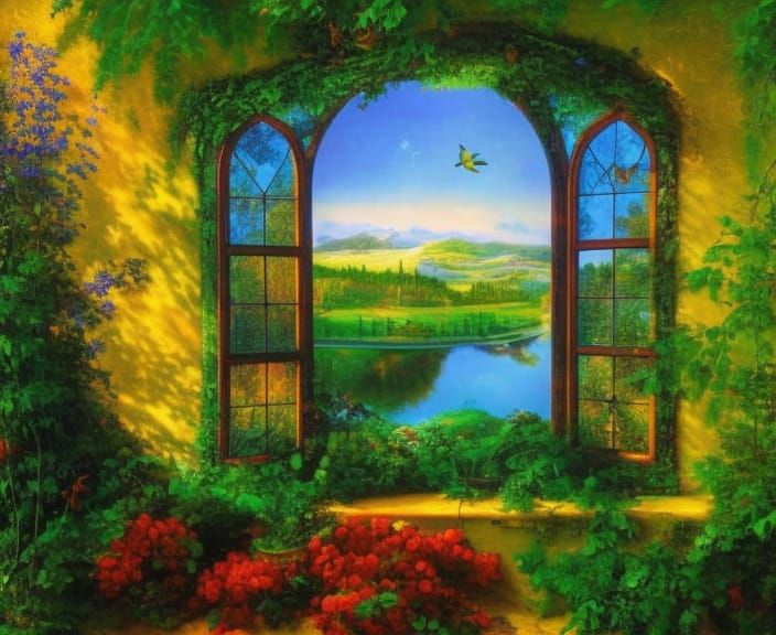 Serpent in Sunlit Garden Window, Fantastical Art