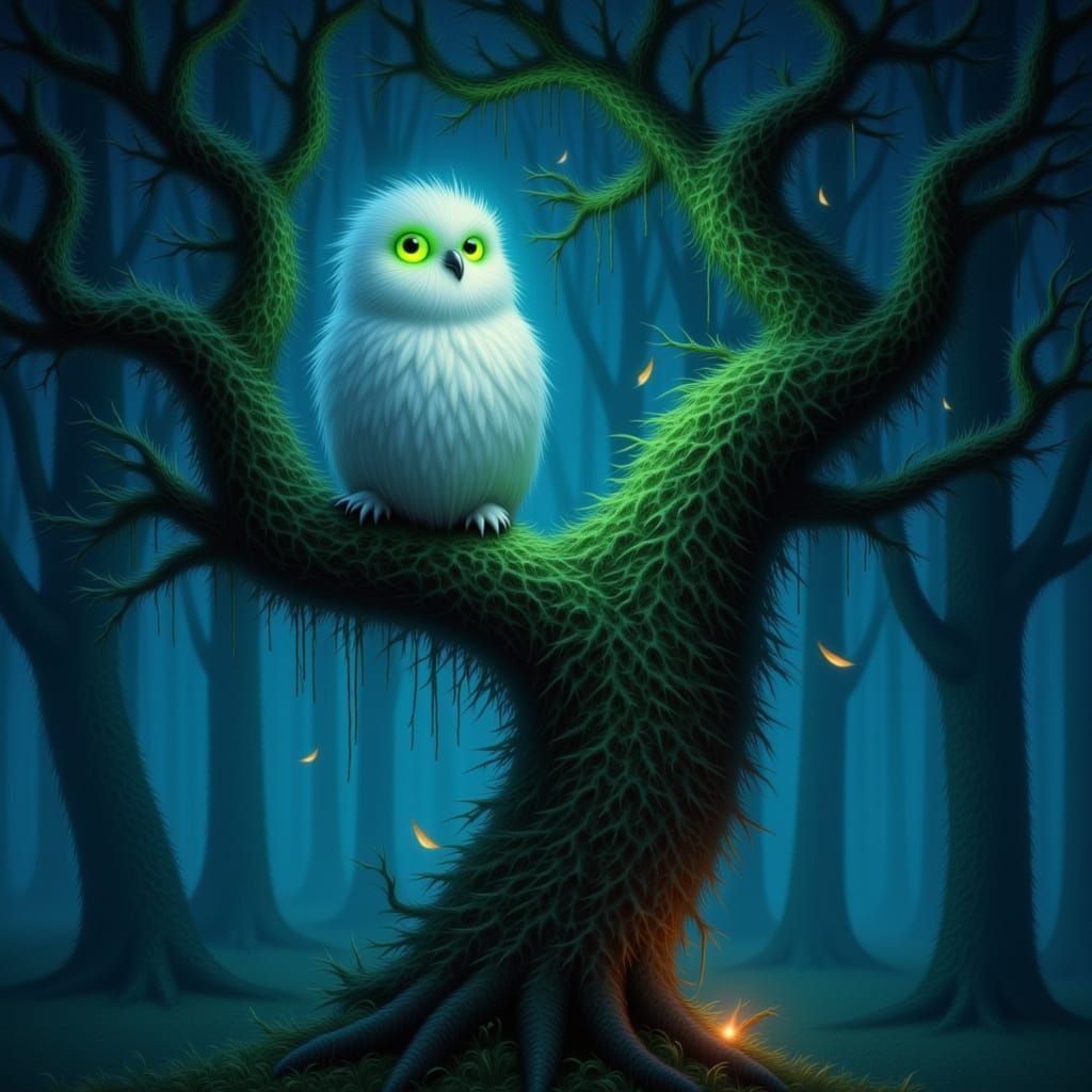 Regal Owl with Emerald Eyes in Dark Fantasy Forest