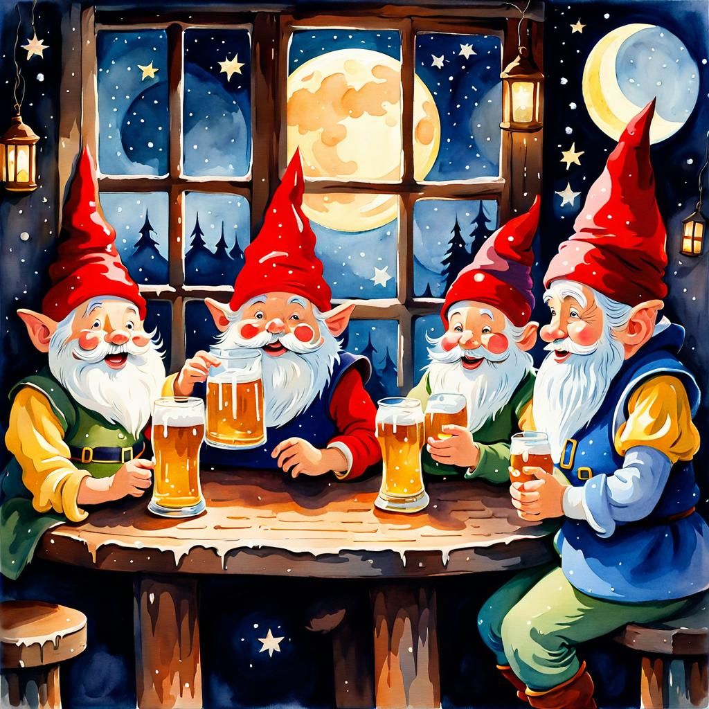 Gnomes in a Bar: Whimsical Watercolor Scene
