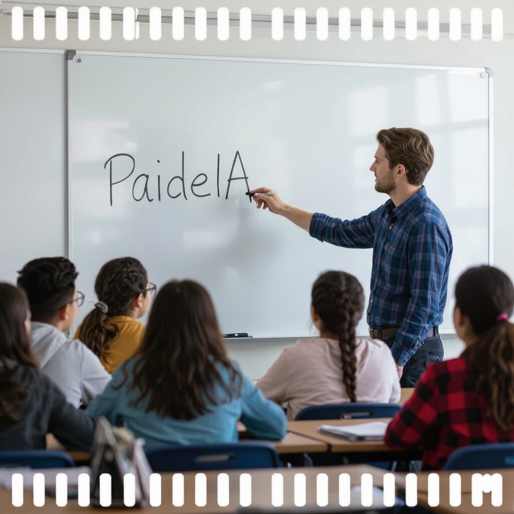 Classroom Scene: Teacher Writes PaideIA on Whiteboard