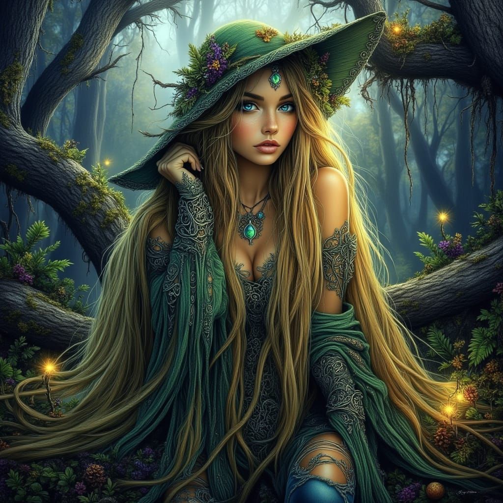 Enchanted Woodland Witch in Hand Drawn Bohemian Style