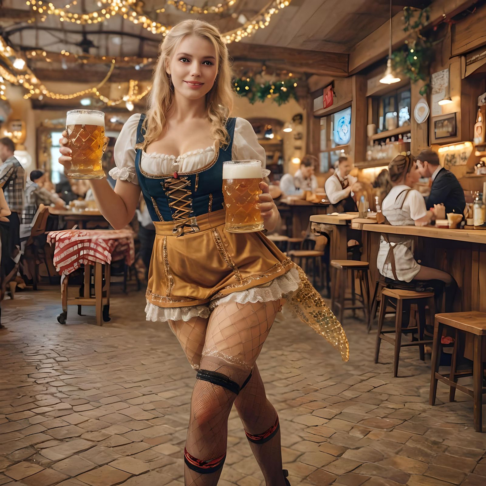 Oktoberfest Woman with Beer Steins in Festive Scene