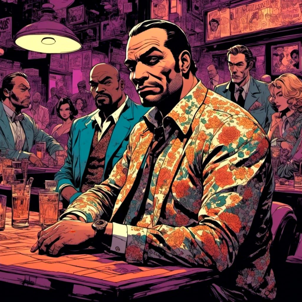 by Grand Theft Auto <lora:KrakNoirV2:1.0> <lora:Axis Comix:1.0> :: splash art :: noir portrait of a greasy crime syndica...