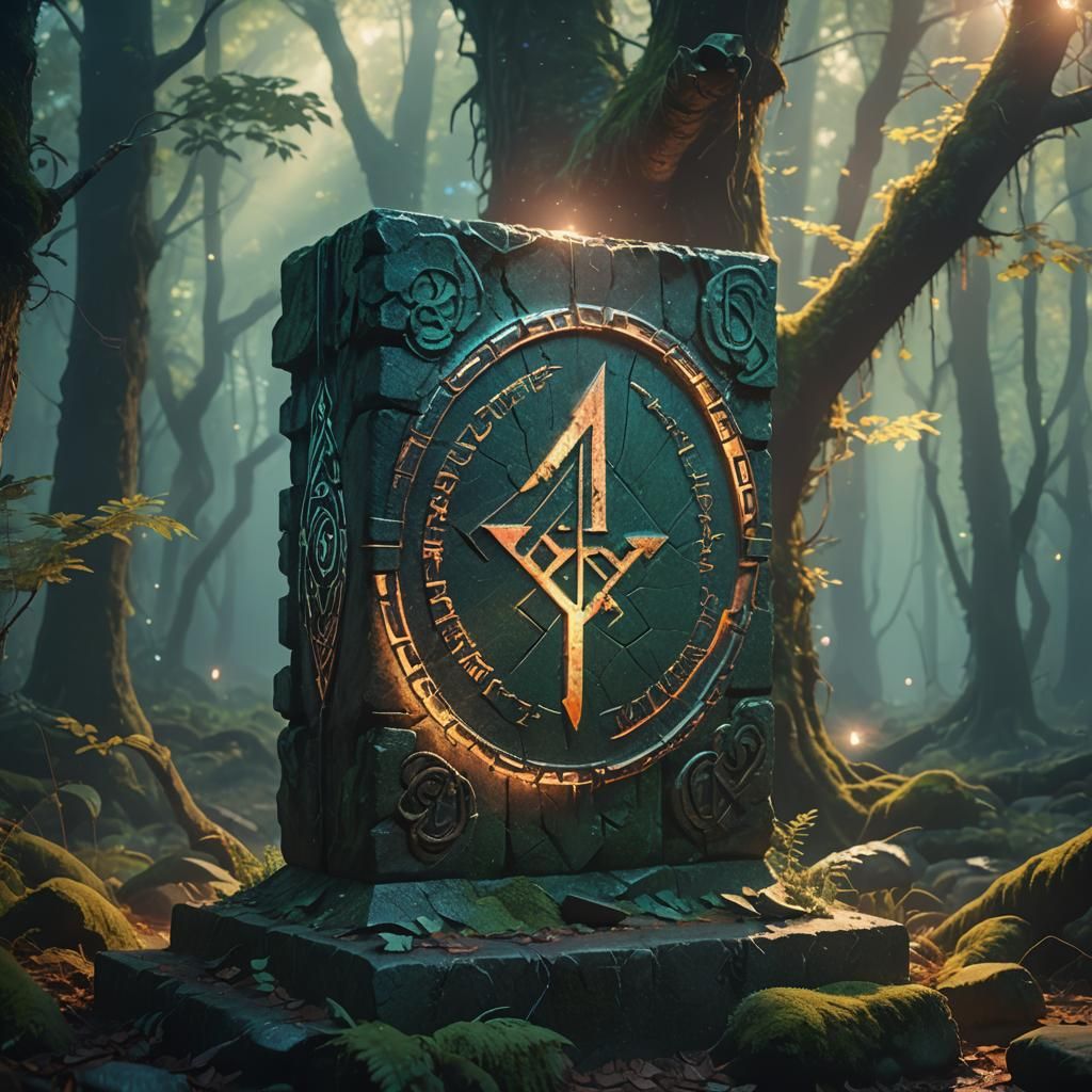 Mystical Runestone in Misty Forest: Fantasy Art