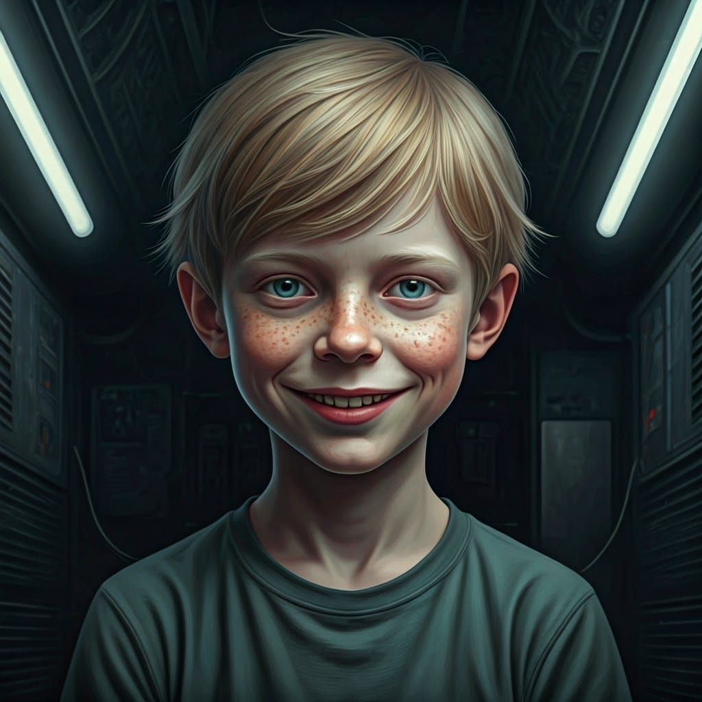 Eerie Pale Child Grinning in Dystopian Setting