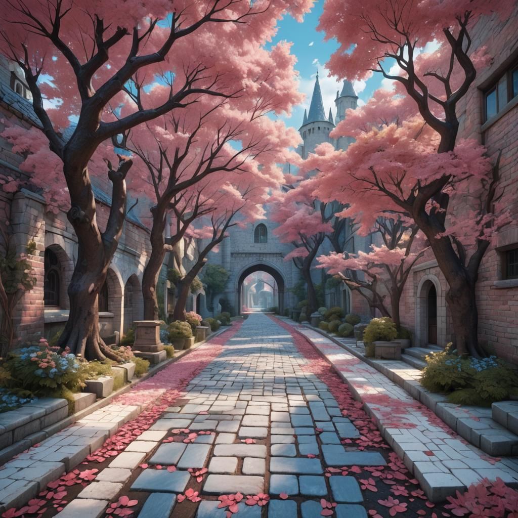 Medieval Shoujo on Ancestral Path with Pink Leaves