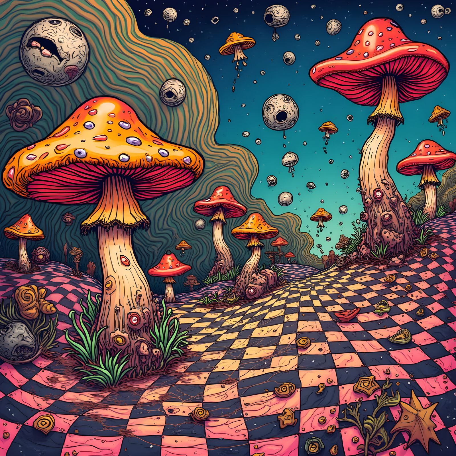 Psychedelic Mushroom Landscape with Floating Eyes