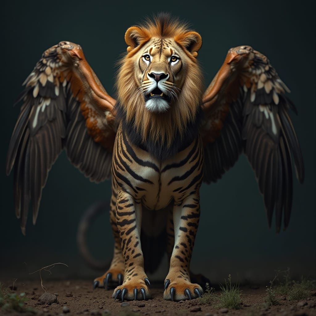 Majestic Lion-Zebra-Eagle Hybrid Soars with Wings