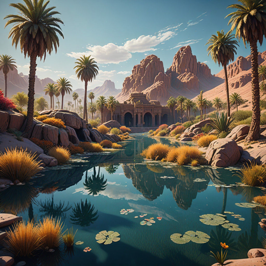 Vibrant Desert Oasis with Crystal Clear Pond in Epic Impress...