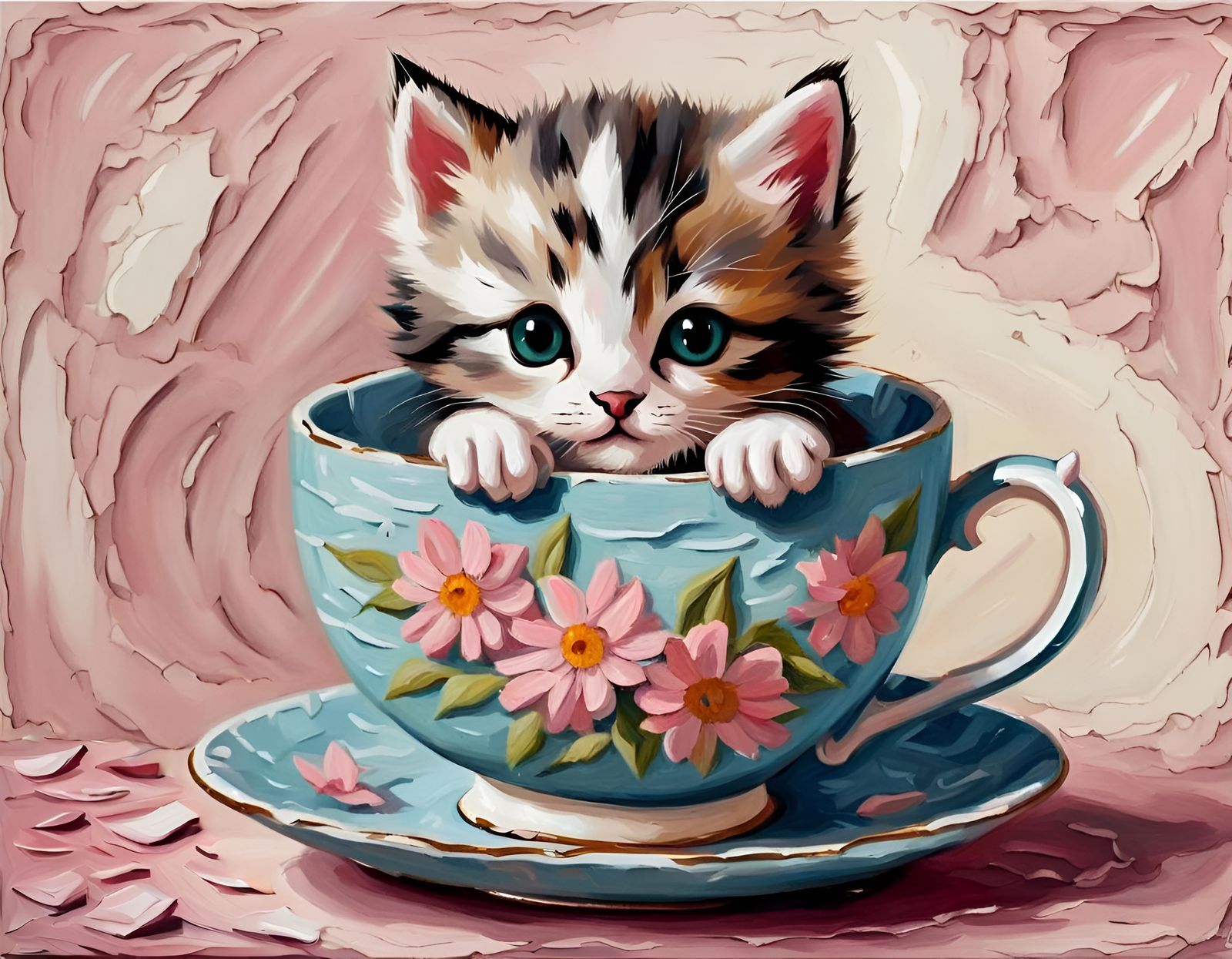 Kitten in Teacup as Impasto Painting