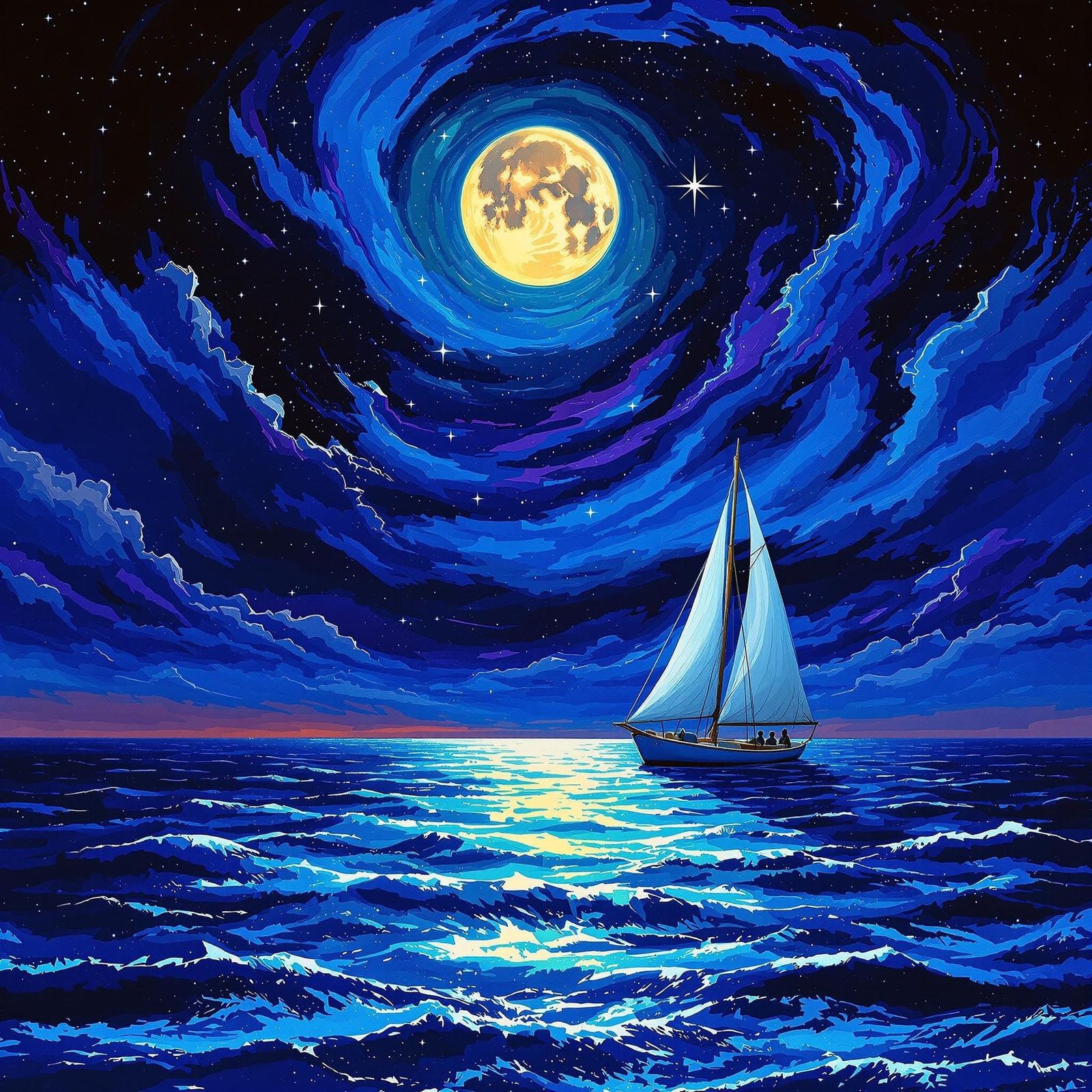 Sailboat Under Cosmic Moonlit Skies in Deep Hues