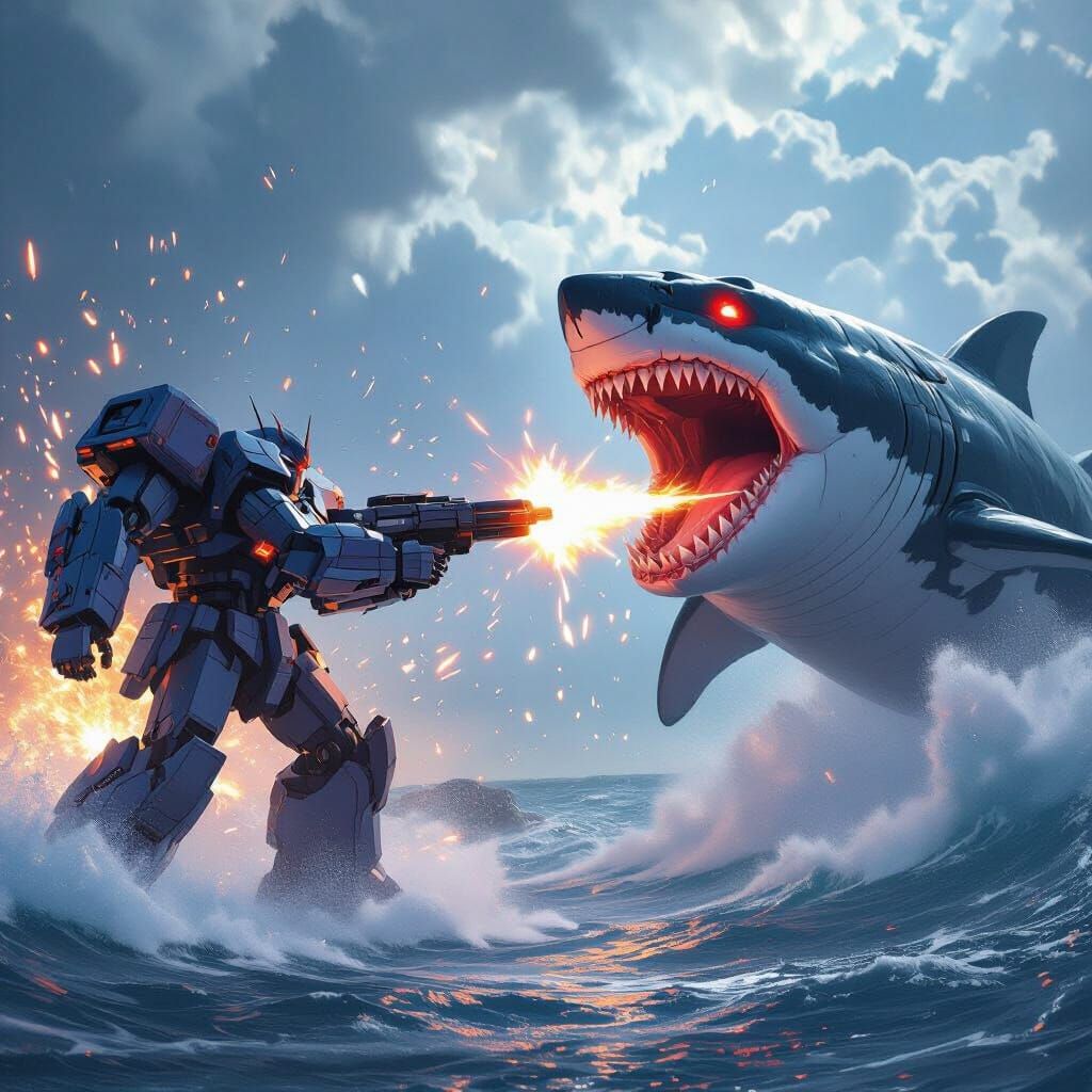 Giant Robot Battles Laser-Eyed Megalodon in Stormy Seas