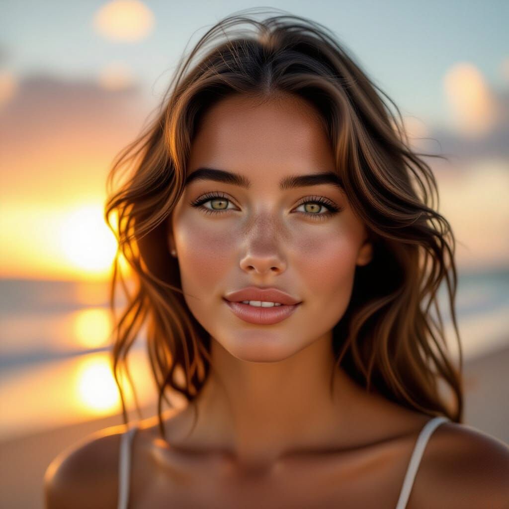Beautiful Woman with Freckles at Sunset: Ultra-Realistic Por...