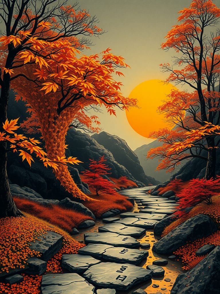 Autumn Leaves Swirling on Ancient Japanese Scroll