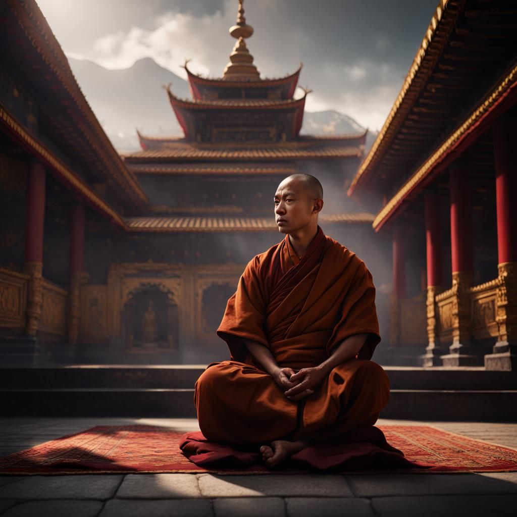 Tibetan Monk Meditating: Ultrarealistic Photo in Cinematic L...