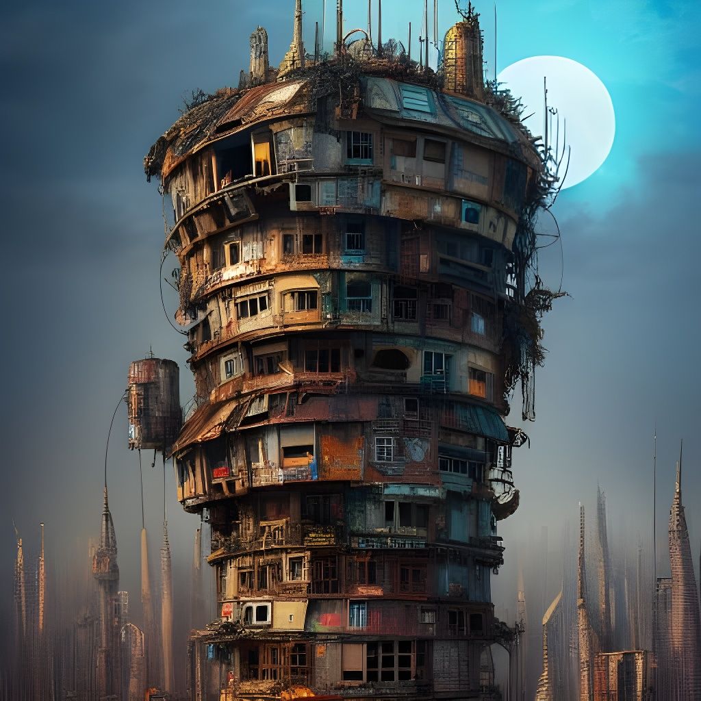Towering Scrap House in Ruined City