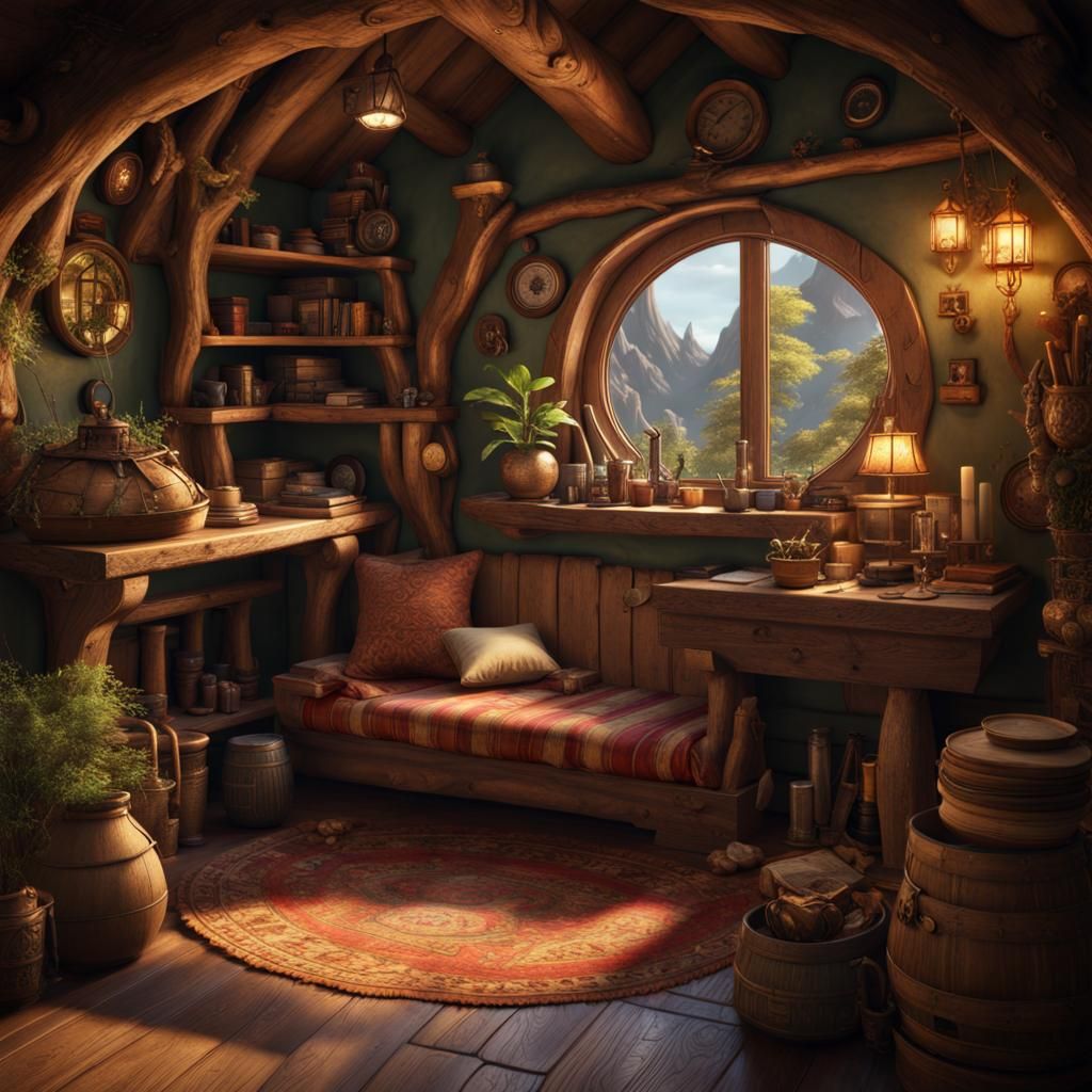 Cozy Hobbit Home Interior in Detailed Matte Painting