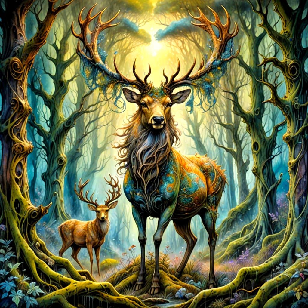Ethereal Stag Amidst Biomechanical Trees in a Cosmic Woodlan...