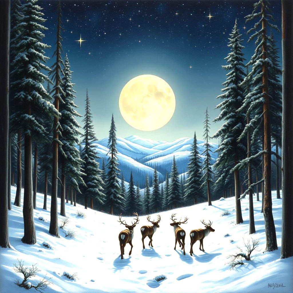Winter Forest Scene with Reindeer, Oil Painting