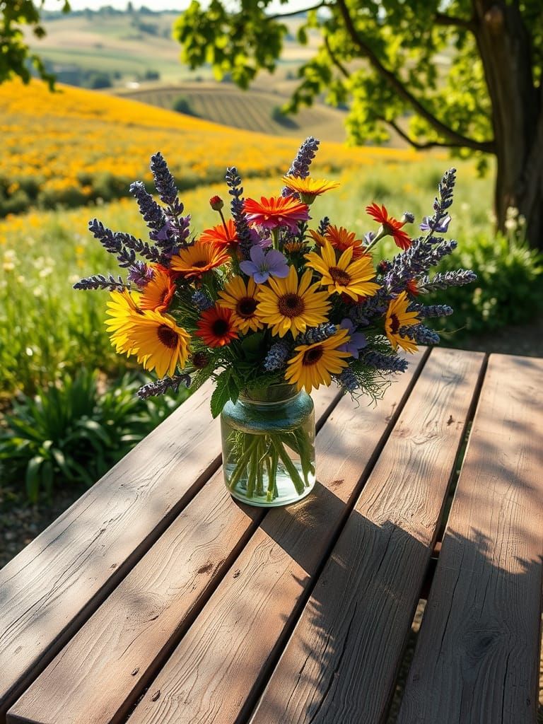 Rustic Picnic Table with Wildflowers