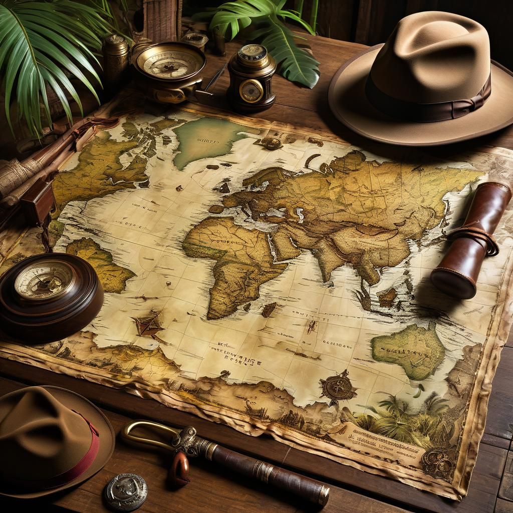 Detailed Treasure Map with Fedora and Whip