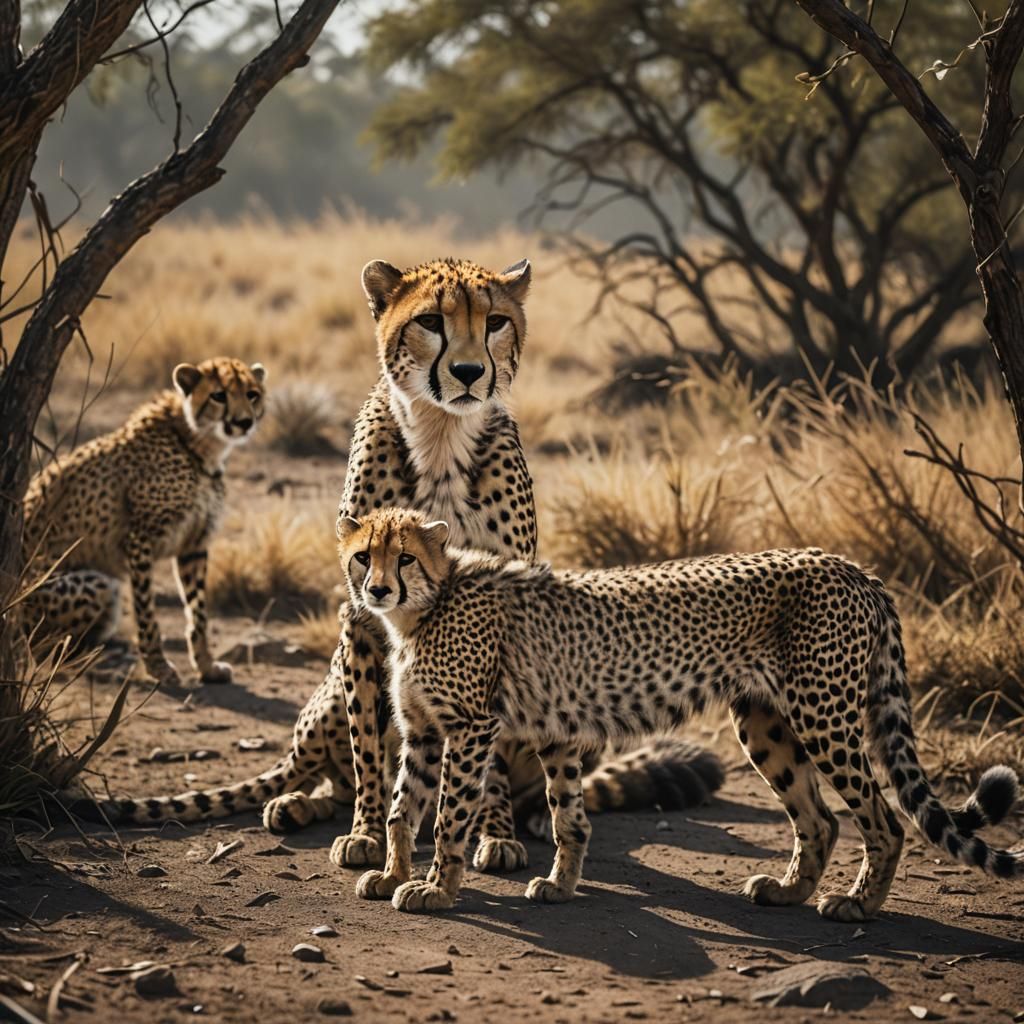 Hyperrealistic Cheetah Family: Cinematic Film Still