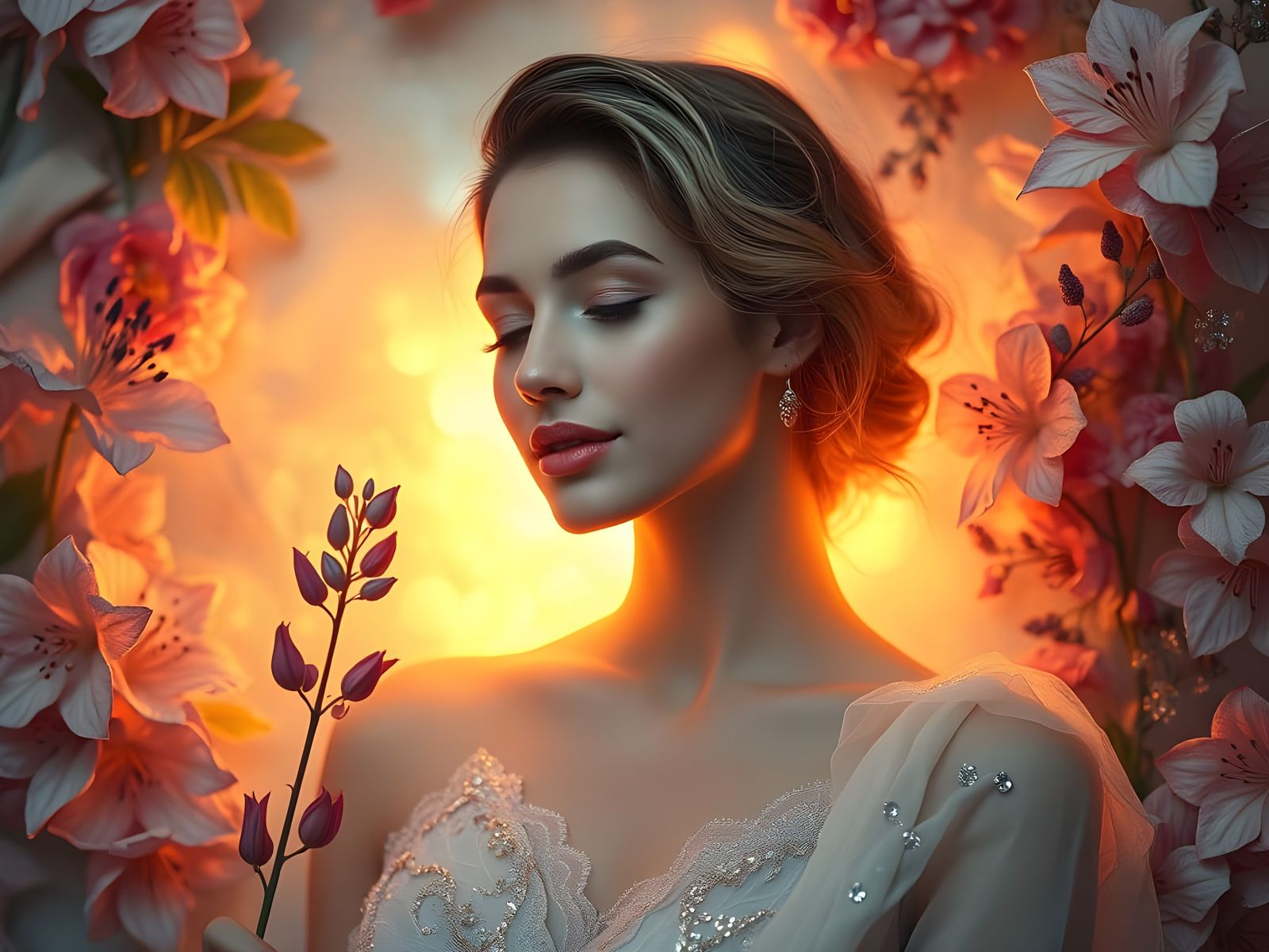 Surreal Goddess in Botanical Luxury with Golden Aura