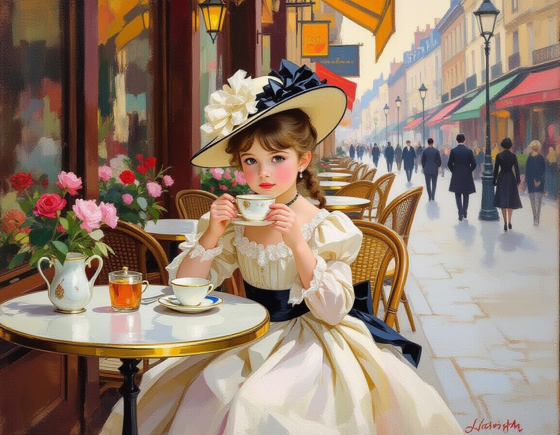 Elegant Girl at Sidewalk Cafe in Impressionist Style