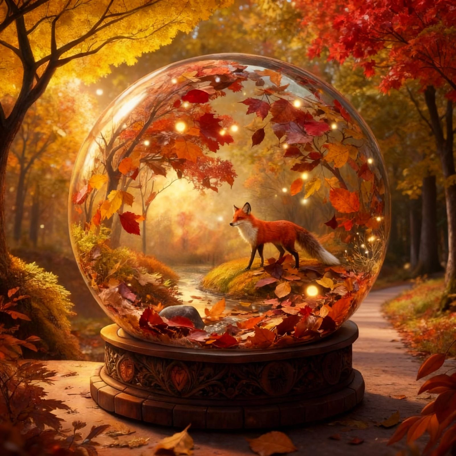 Mystical Autumn Snow Globe with Fox and Deer Spirits