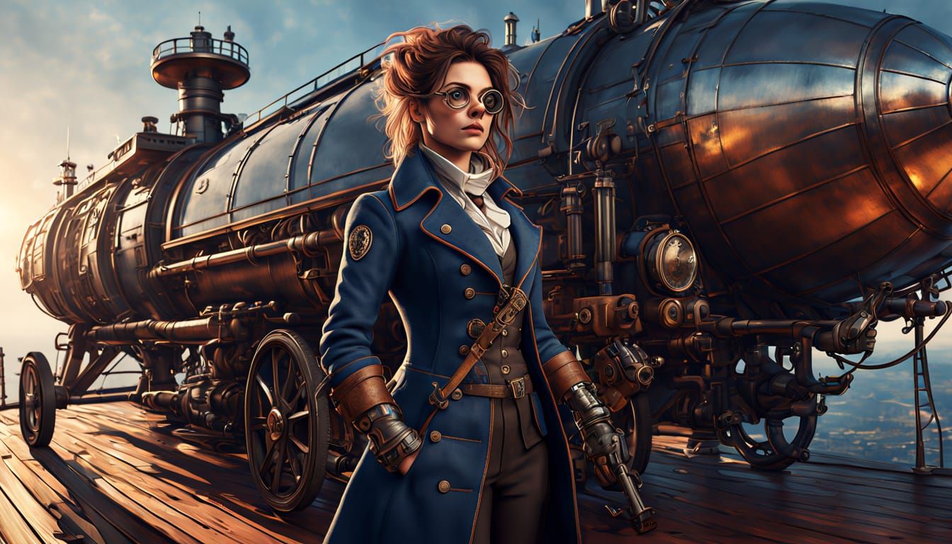 Steampunk Explorer on Airship Deck in Golden Light
