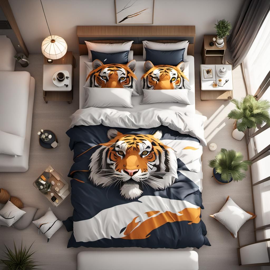 Modern Bedroom with Tiger Print in 3D Anime Style