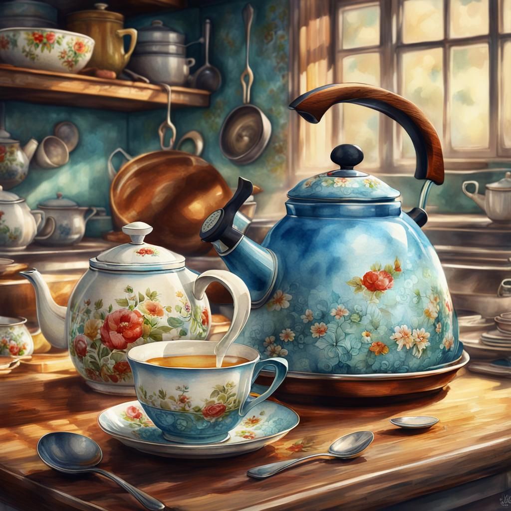 Vintage Teakettle in 1960s Kitchen: Digital Watercolor