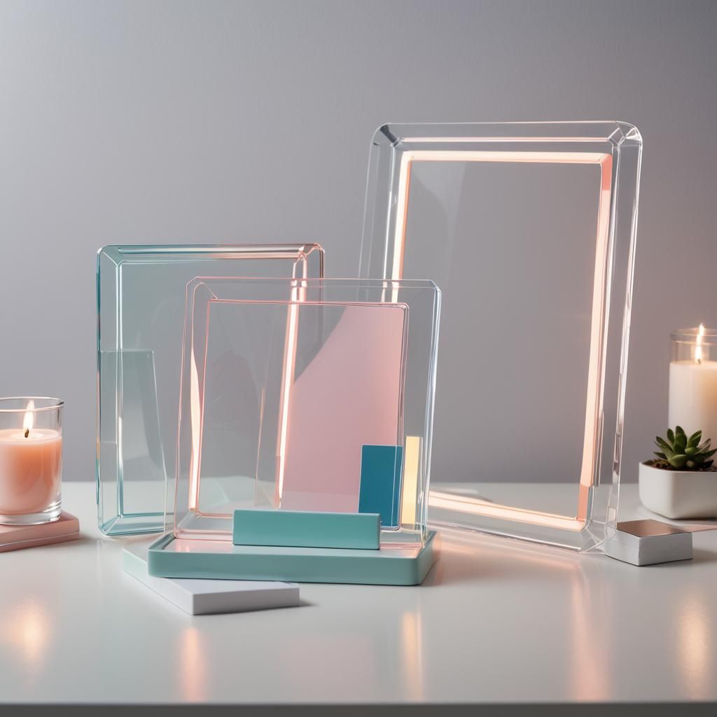 Retro-Futuristic Acrylic Photo Frames on White Desk