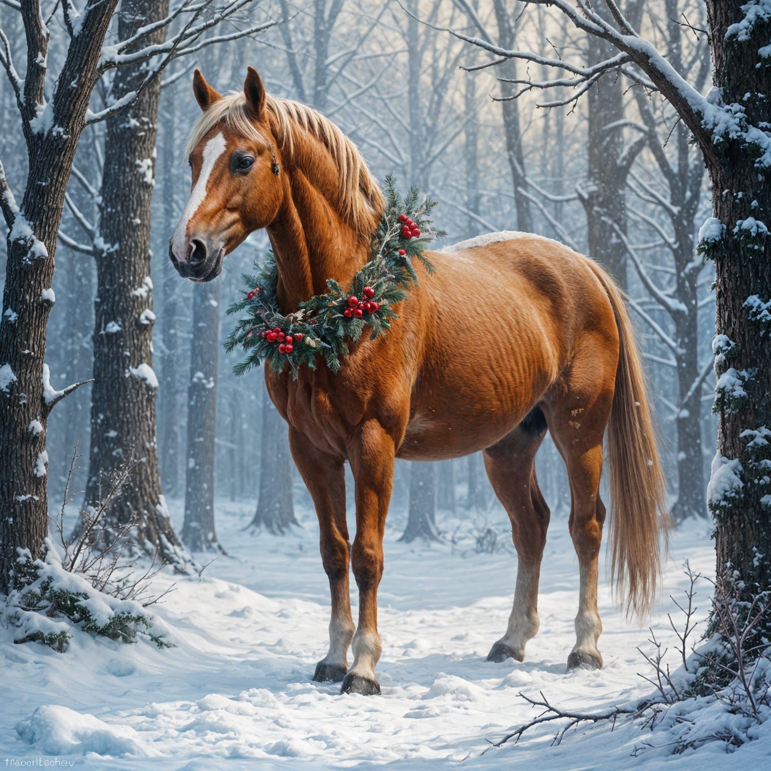 Majestic Christmas Horse in Winter Wonderland Scene