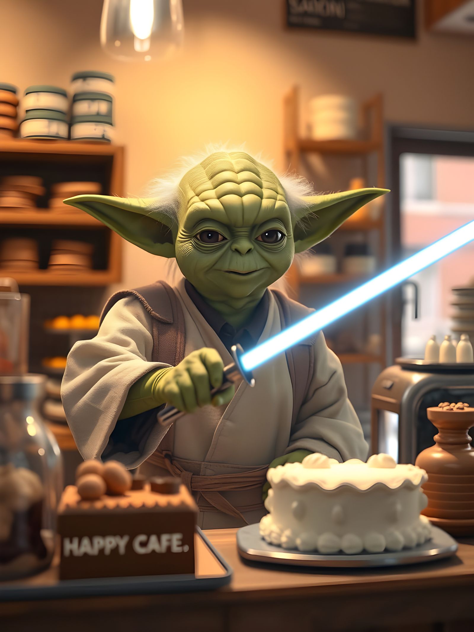 Yoda Bakes with Laser Precision in a Bright Bakery