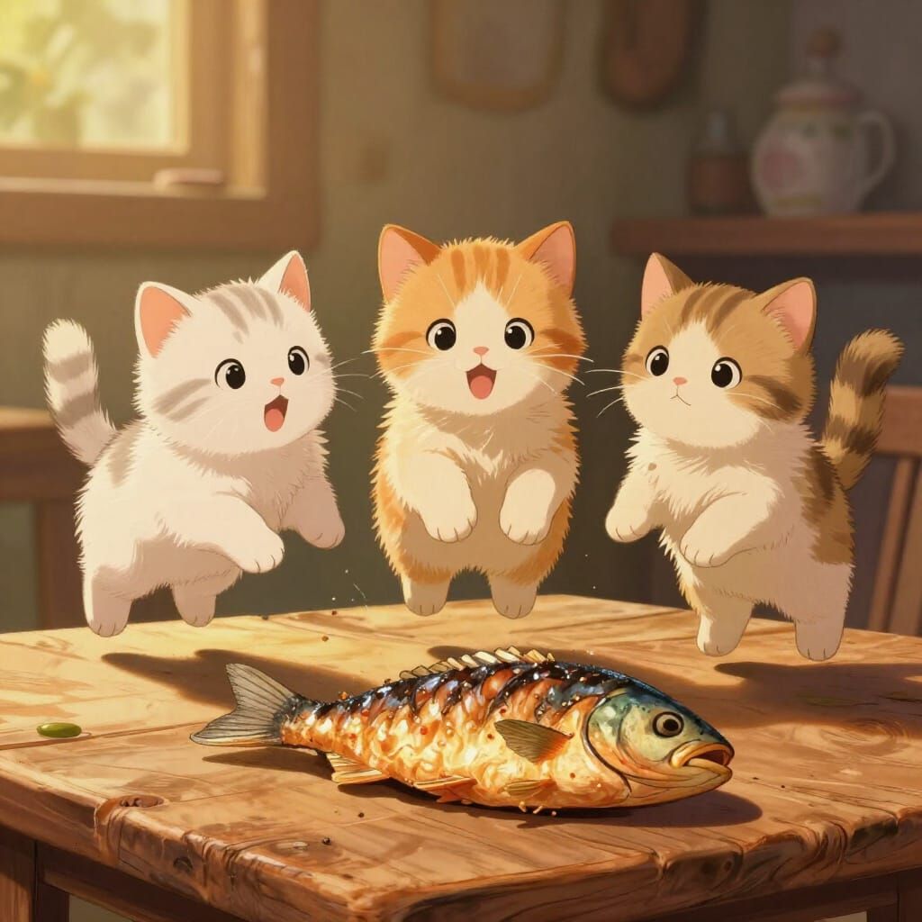 Fluffy Kittens Leap for Fish in Golden Hour Light