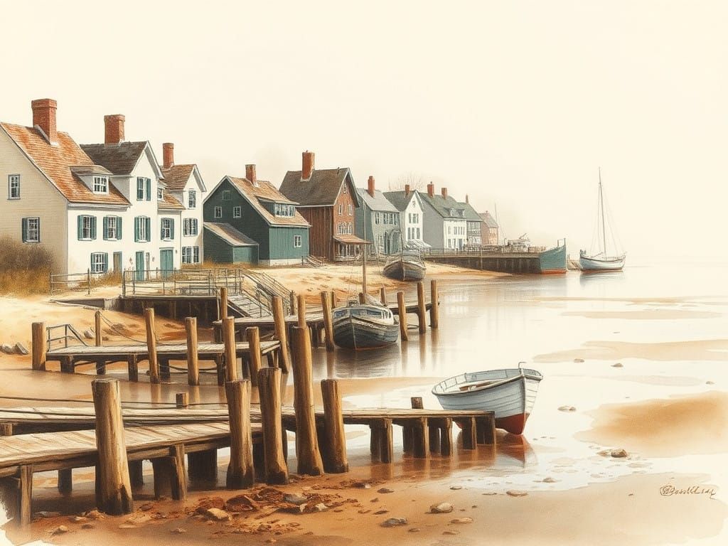 New England Fishing Village Scene in Earthy Watercolours