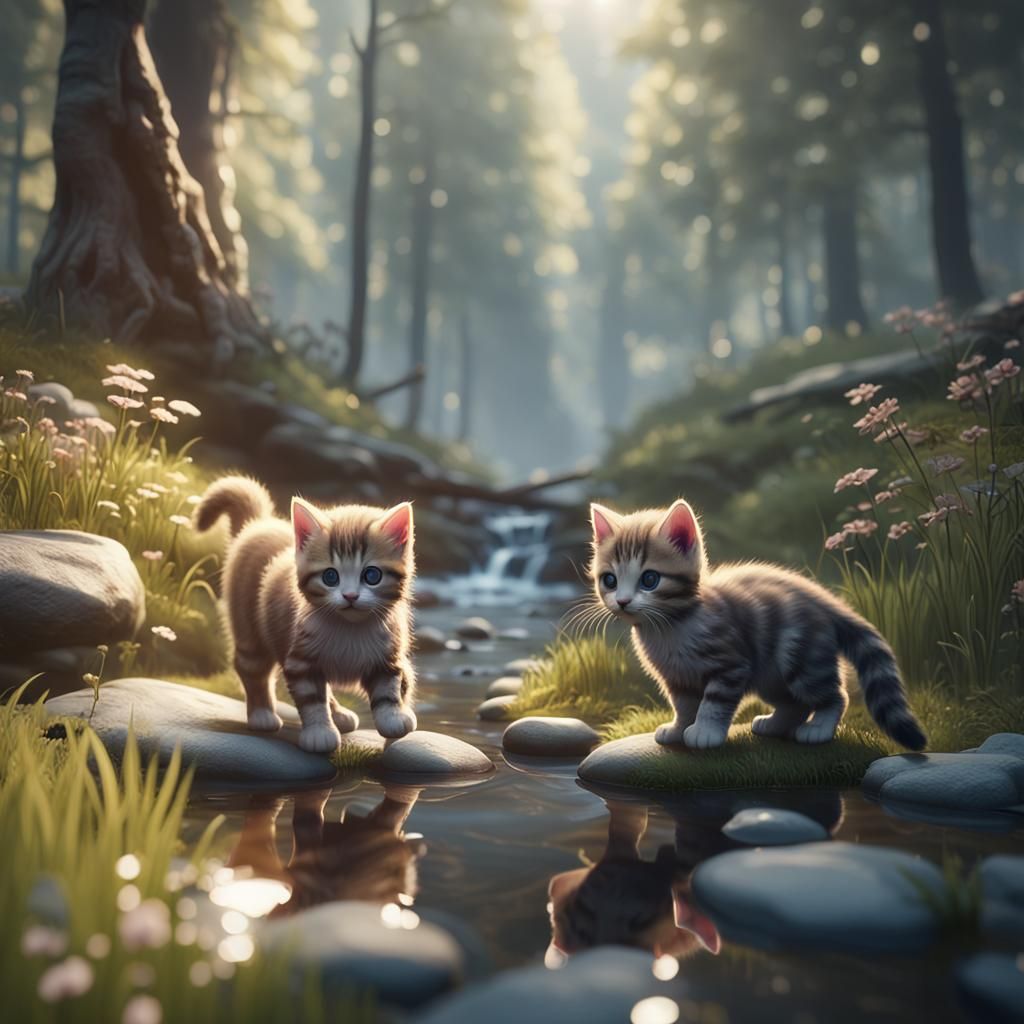 Kittens by Stream in Hazy Forest: 3D Render