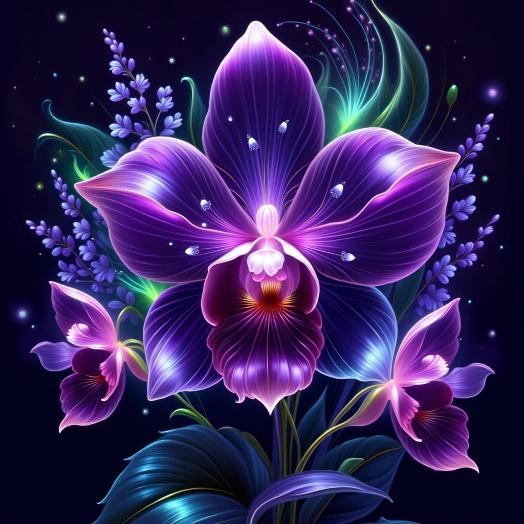 Surreal Cosmic Black Orchid with Vibrant Purple Accents