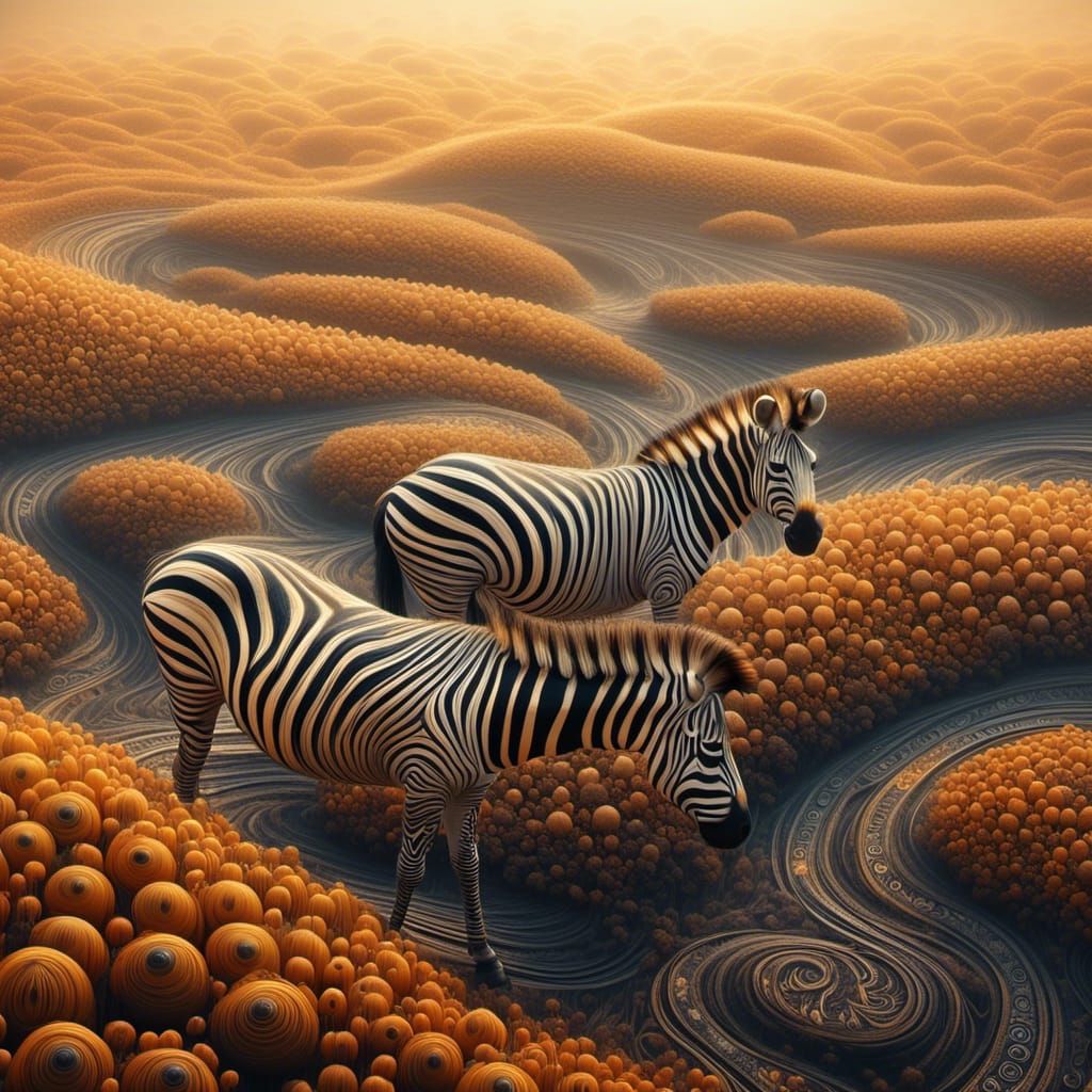 Fractal Zebra in Golden Savannah, Digital Art
