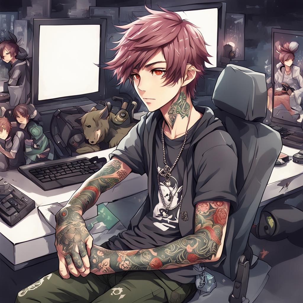 Tattooed Agender Gamer in Anime Style