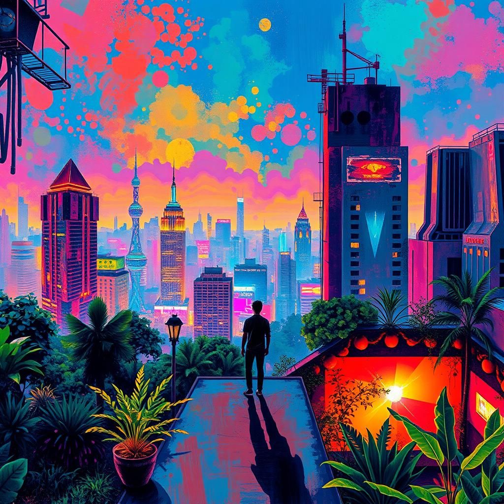 Vibrant Cityscape Panorama in Mixed Media Style