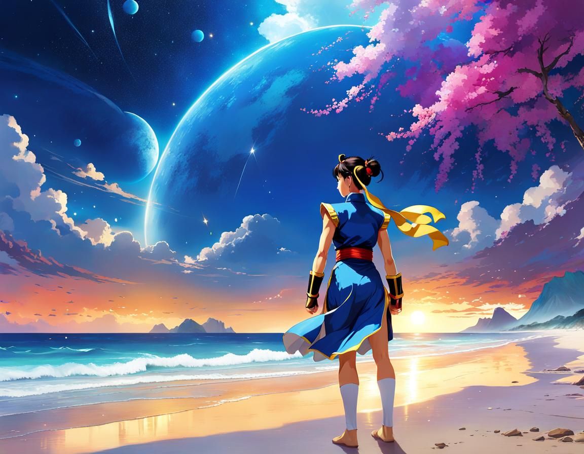 Chun Li on a Nebula Beach: Anime Sci-Fi Illustration