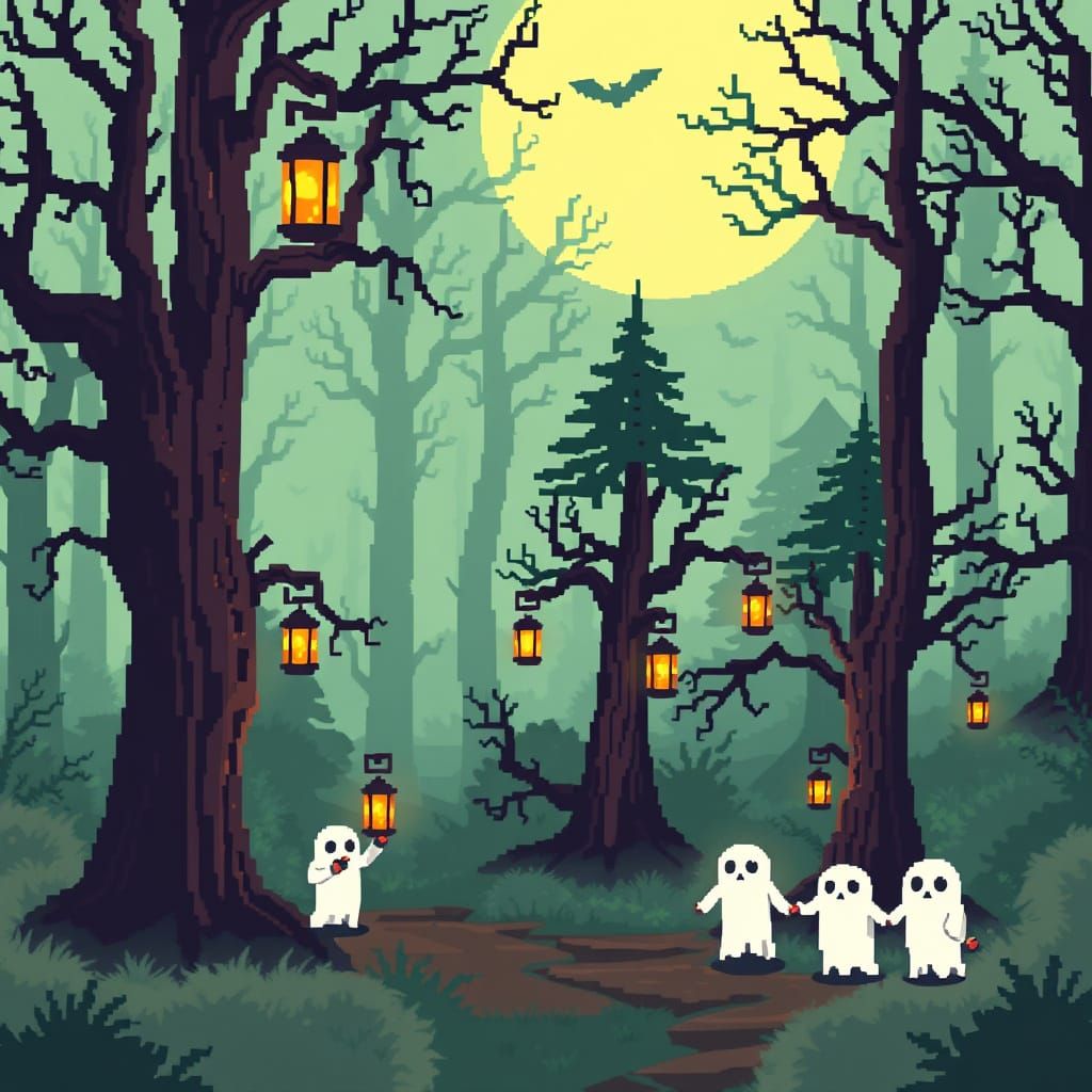16-bit Ghost Parade in Haunted Retro Forest