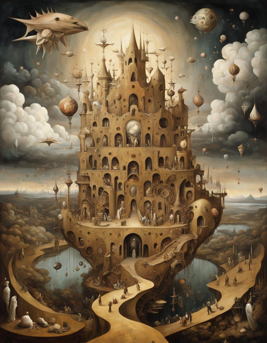 Impossible Escher-esque Structure in Surreal Oil Painting